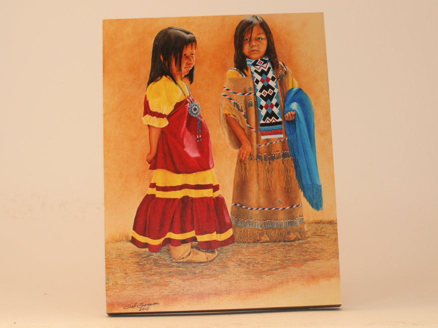 Native American mini art print of two young girls in traditional clothing by Ted Sorensen Western Art