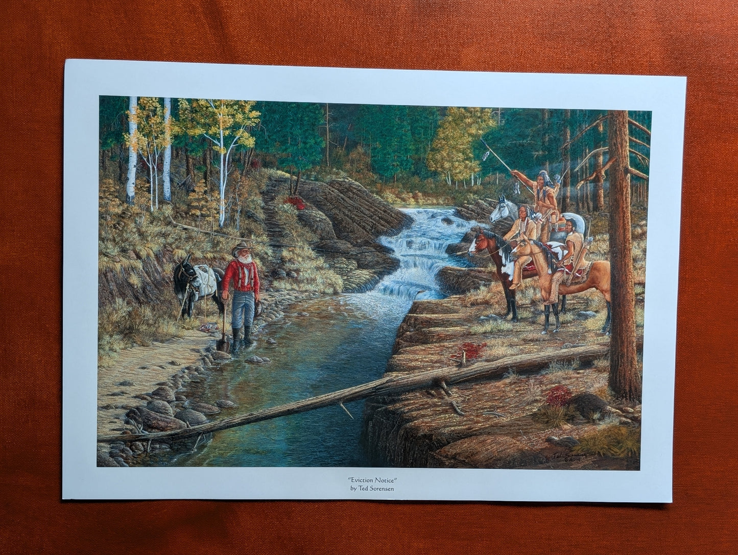 Western art open edition print by Ted Sorensen depicting cowboys and a scout near a forest creek