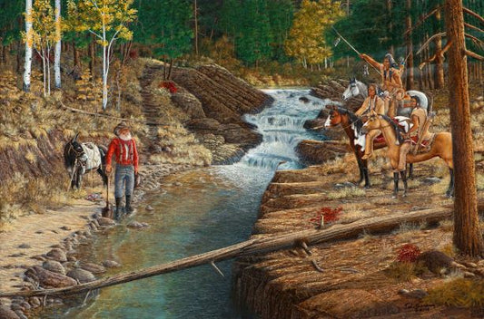 Eviction Notice limited edition canvas print by Ted Sorensen featuring Western Art with Native Americans and a settler by a river