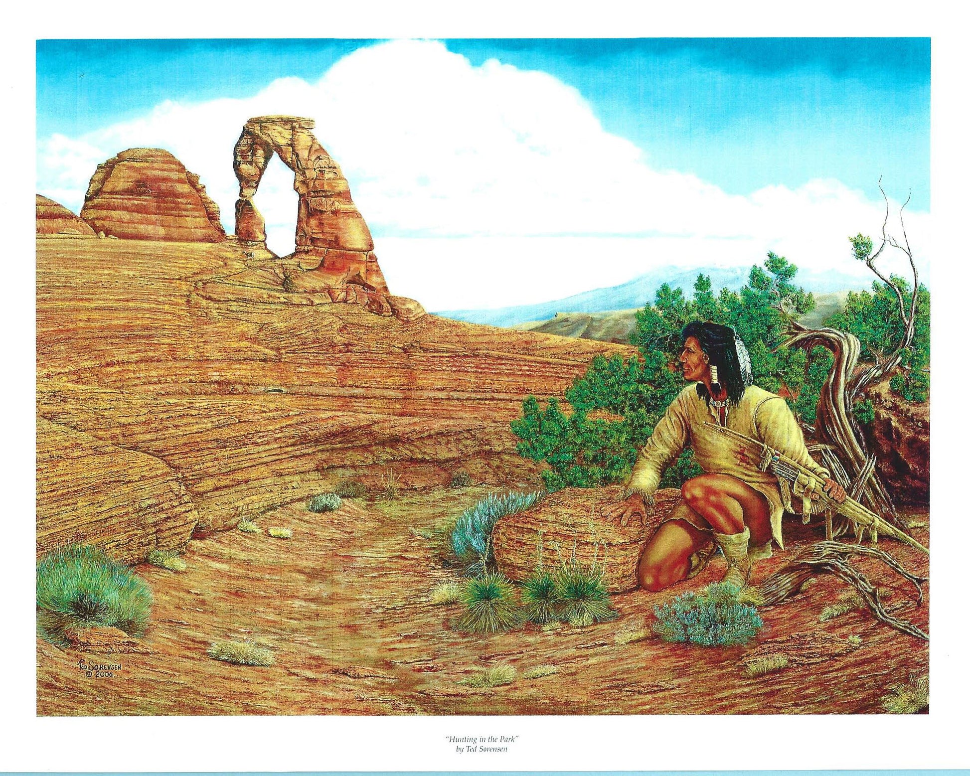Hunting in the Park limited edition art print by Ted Sorensen showing Native American hunter in desert landscape