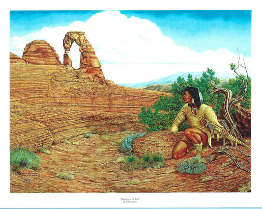 Hunting in the Park limited edition art print by Ted Sorensen showing Native American hunter in desert landscape