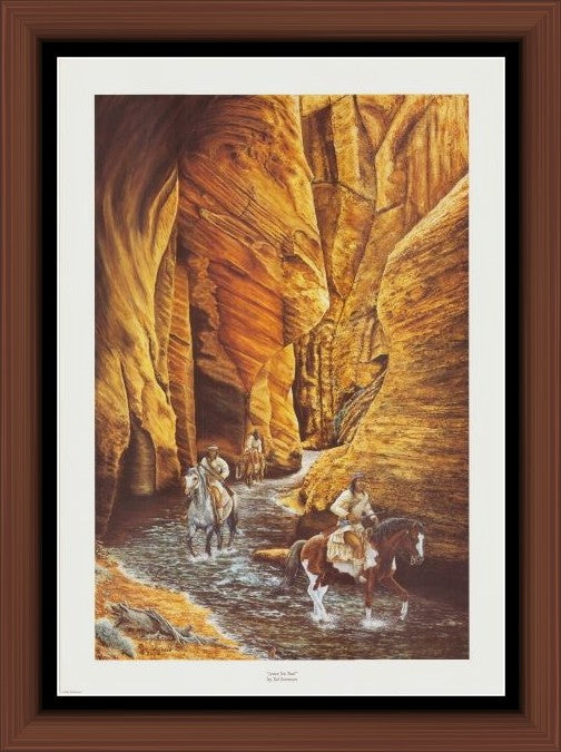 Leave No Trail limited edition print by Ted Sorensen featuring Indians on horseback in a canyon with golden rock formations