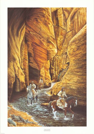 Leave No Trail limited edition print by Ted Sorensen depicting three Indians on horseback riding through a narrow canyon stream