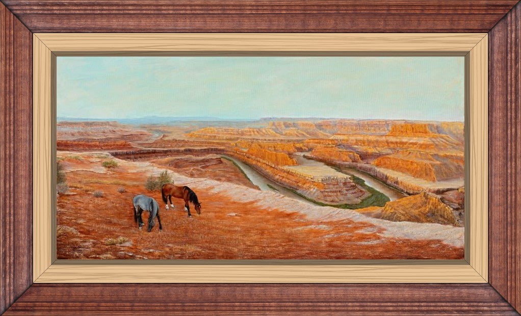Limited edition canvas print by Ted Sorensen featuring western art with horses grazing near a canyon landscape