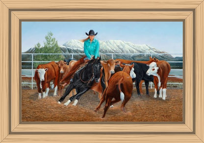 Limited-edition western art canvas print of cowboy herding cattle with mountains in background