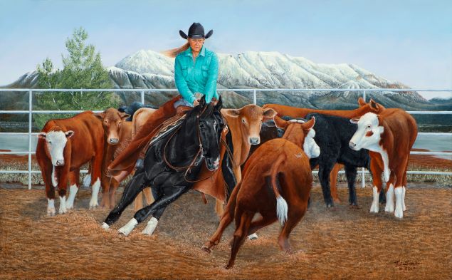 Limited-edition western art canvas print of cowboy herding cattle in an outdoor pen with mountains in background