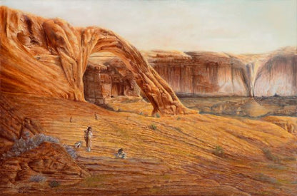 Limited edition western art canvas print by Ted Sorensen featuring a desert landscape with rock formations and iconic Corona Arch