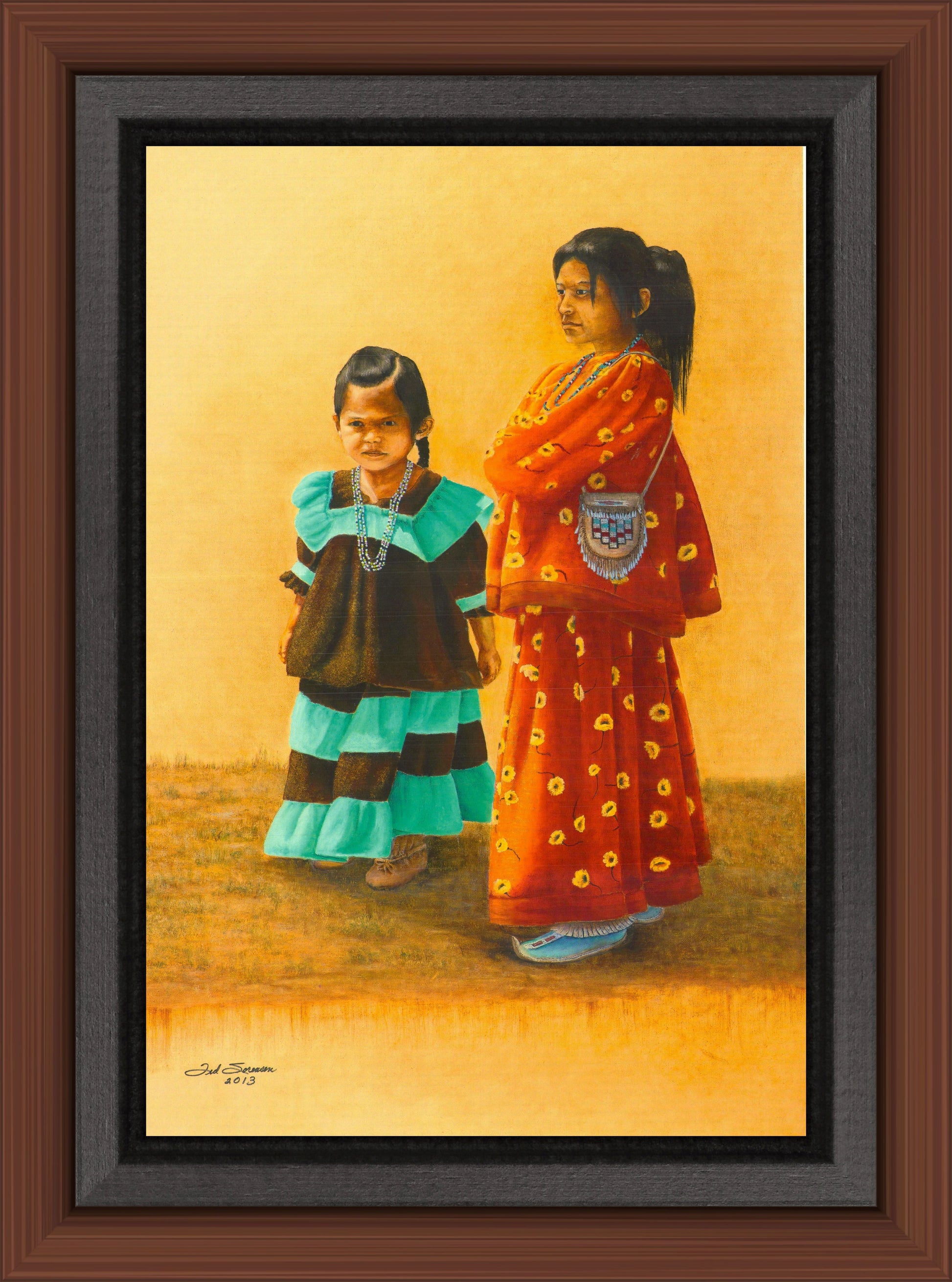 Limited-edition Western art canvas print of two Native American girls in traditional clothing by Ted Sorensen
