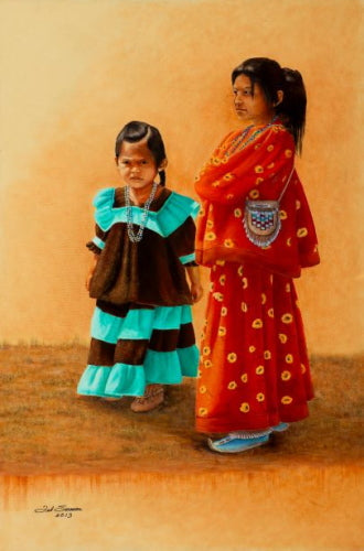 Limited-edition Western art canvas print by Ted Sorensen featuring two Native American girls in traditional clothing