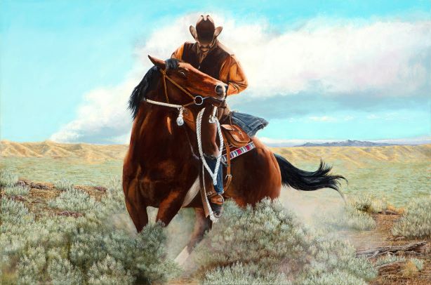 Limited edition western canvas print of a cowboy on horseback riding through a western landscape