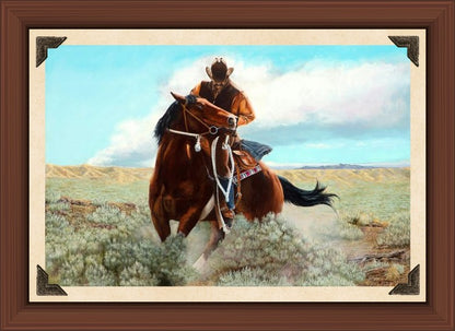 Limited edition western canvas print of a cowboy riding a horse in a desert landscape by Ted Sorensen