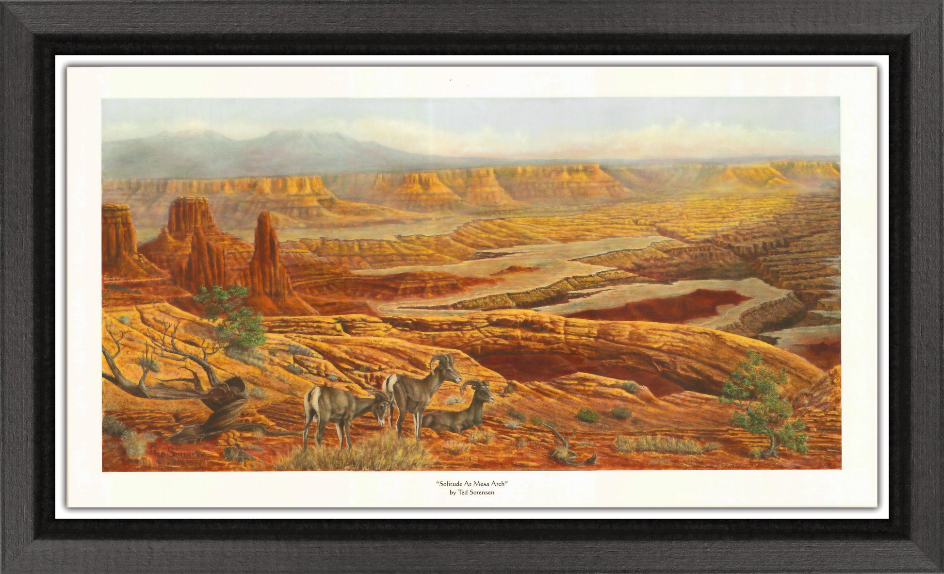 Mesa arch western art open print by Ted Sorensen featuring a desert landscape with rock formations and wildlife