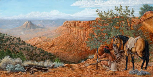 Native American art limited-edition canvas print depicting a Native American man and horse overlooking a desert canyon