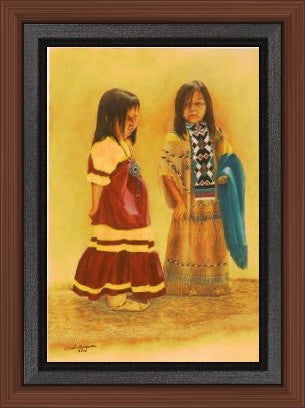 Native American art limited edition canvas print by Ted Sorensen featuring two young girls in traditional clothing