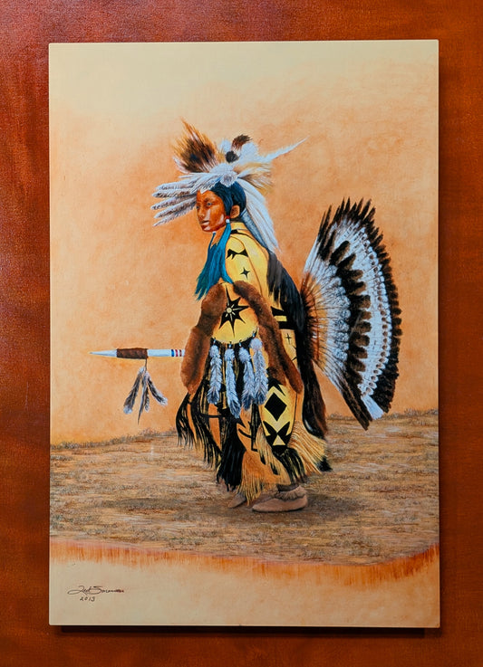 Native American art metal print by Ted Sorensen featuring a traditional dancer in full regalia with feathers and spear
