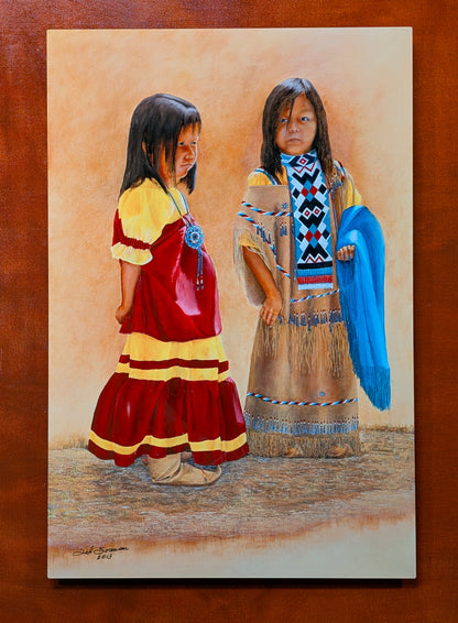 Native American art metal print by Ted Sorensen depicting two young girls in traditional clothing