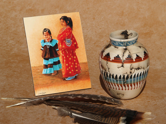 Native American art mini panel by Ted Sorensen showing two children in traditional clothing 