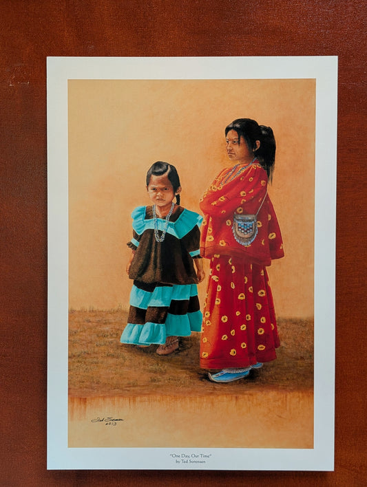 Native American art print by Ted Sorensen depicting two Indigenous young girls in traditional clothing