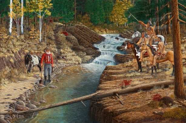 Oil on canvas original by Ted Sorensen featuring Native American Indian wall art with horses and a forest stream