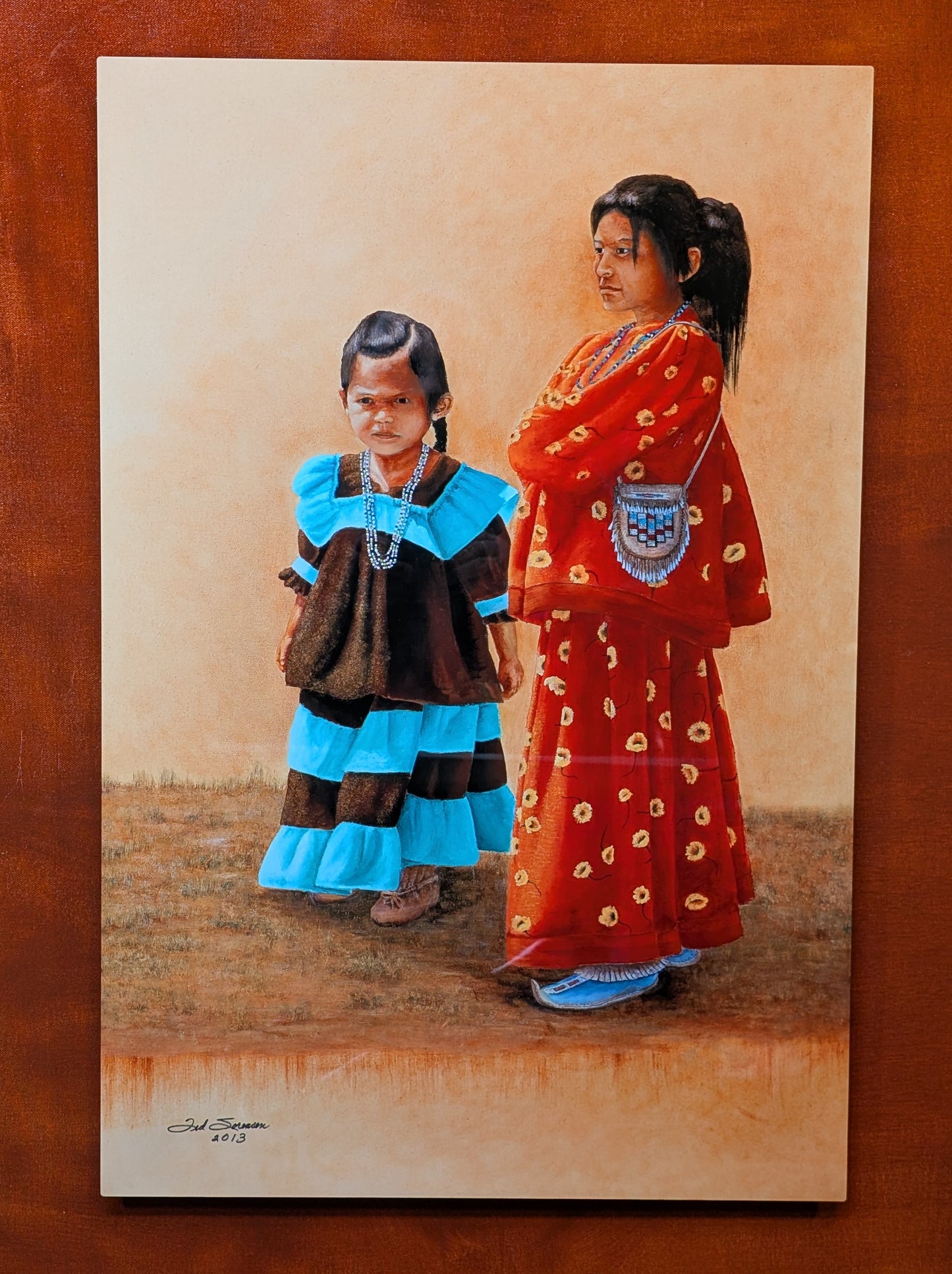 Native American metal art print by Ted Sorensen featuring two children in traditional clothing