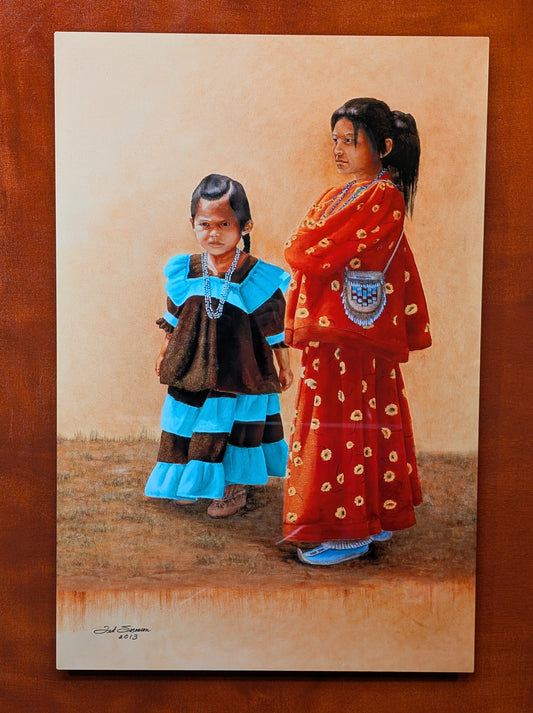 Native American metal art print by Ted Sorensen featuring two children in traditional clothing