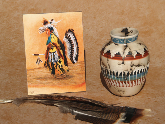 Native American mini art panel by Ted Sorensen featuring a traditional dancer beside pottery and feathers