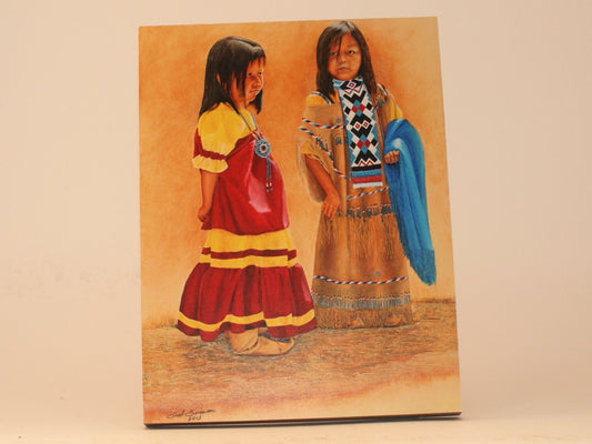 Native American mini art print of two young girls in traditional clothing by Ted Sorensen Western Art