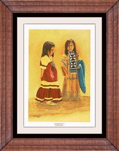Native American open edition art print by Ted Sorensen featuring two children in traditional Western attire in a wooden frame