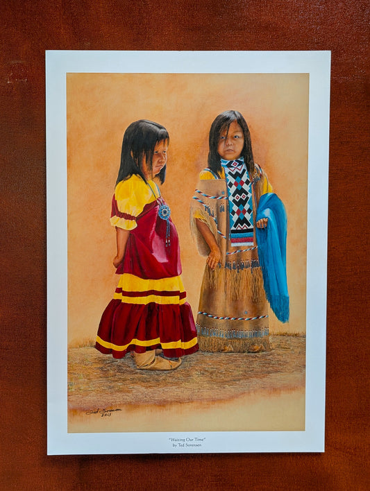 Native American open edition art print featuring two young girls in traditional attire by Ted Sorensen