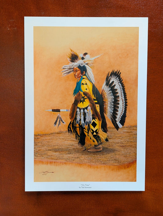 Native American open edition art print by Ted Sorensen featuring a traditional dancer in yellow regalia with feathers and spear