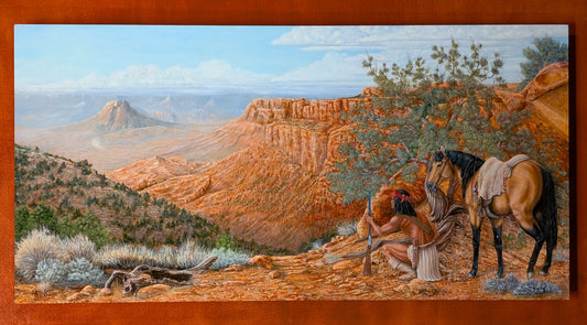 Native American western metal art print by Ted Sorensen featuring a Native American man with a horse in a desert landscape