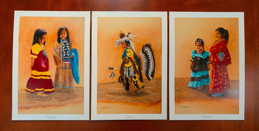 Native American youth dancer open print collection featuring artwork by Ted Sorensen with traditional clothing and dancing poses