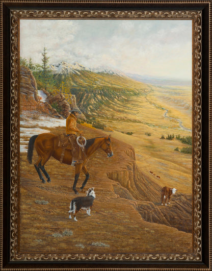 Original western oil painting by Ted Sorensen showing a cowboy on horseback with two dogs overlooking a vast valley