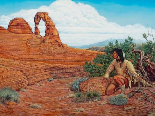 Original western oil painting by Ted Sorensen depicting a Native American man in desert landscape with red rock formations