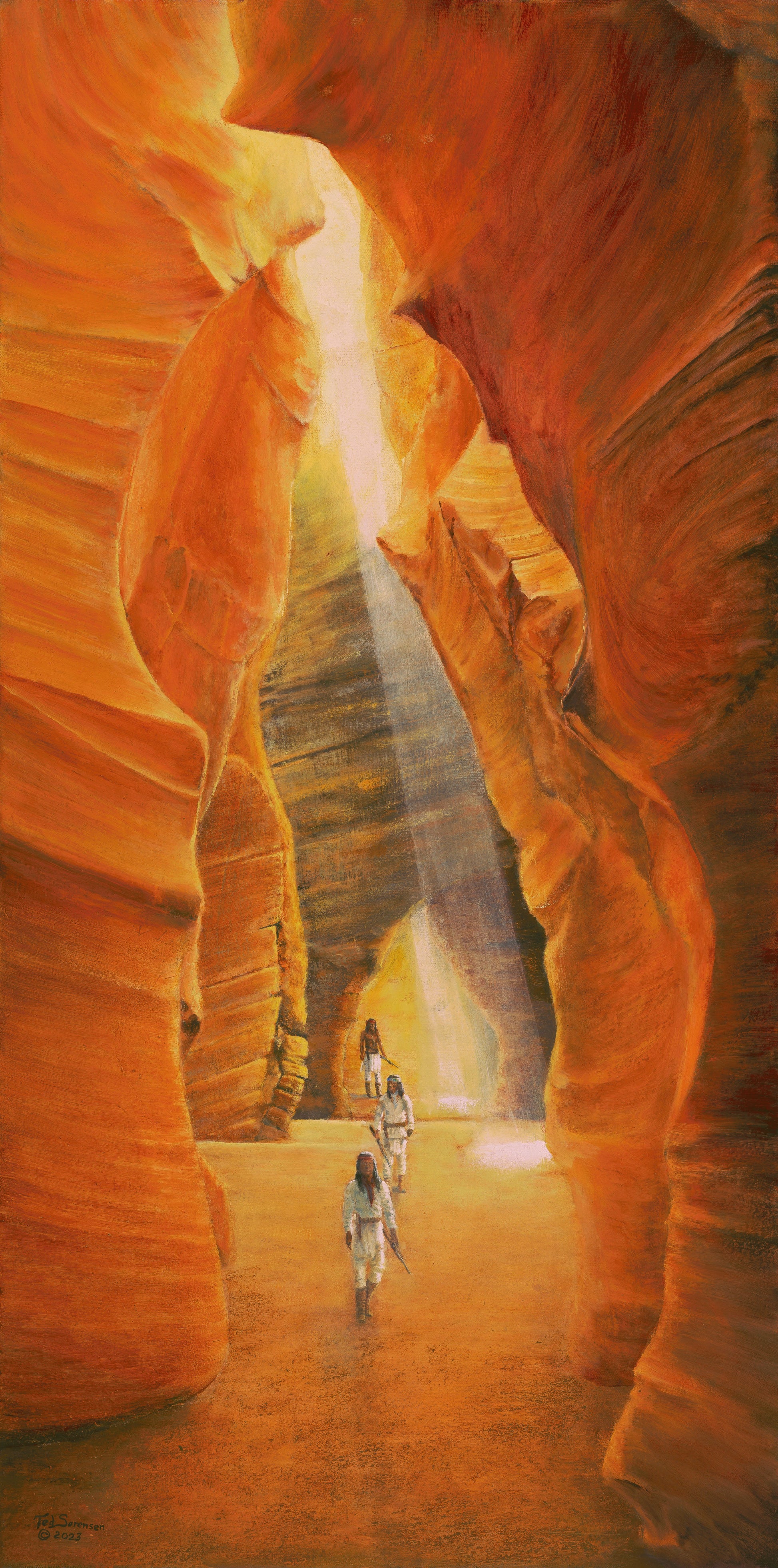 Western art limited-edition canvas print by Ted Sorensen showing people exploring a sunlit narrow canyon