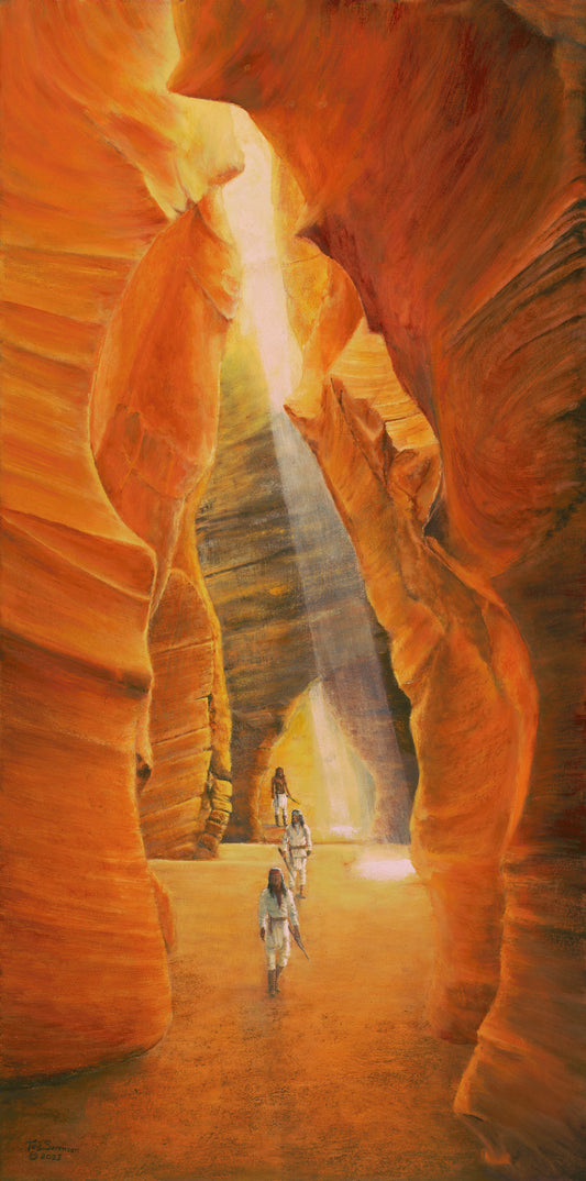 Western art limited-edition canvas print by Ted Sorensen showing people exploring a sunlit narrow canyon