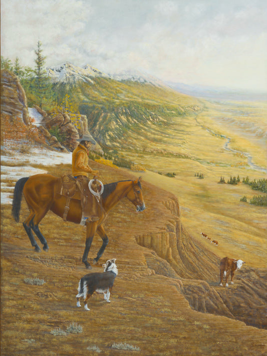 Western art limited edition canvas print of a cowboy on horseback overlooking a vast valley with two dogs nearby