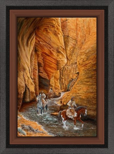 Western art limited-edition canvas print depicting cowboys on horseback riding through a canyon stream