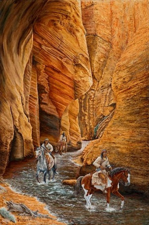 Western art limited-edition canvas print depicting cowboys on horseback riding through a narrow canyon with rugged rock formations
