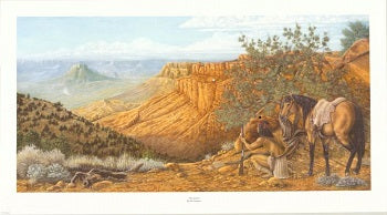 Western art limited-edition print by Ted Sorensen depicting cowboy resting with horses in desert landscape