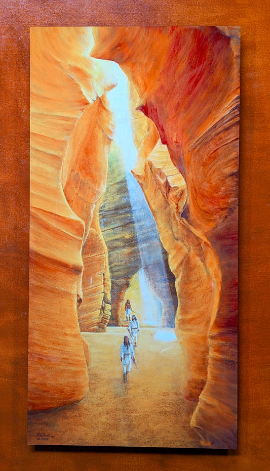 Ted Sorensen western art metal print depicting warriors walking through a sunlit canyon with orange rock walls