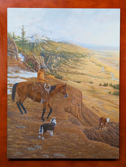 Ted Sorensen Western art metal print showing cowboy on horse with dog and calf in mountainous landscape