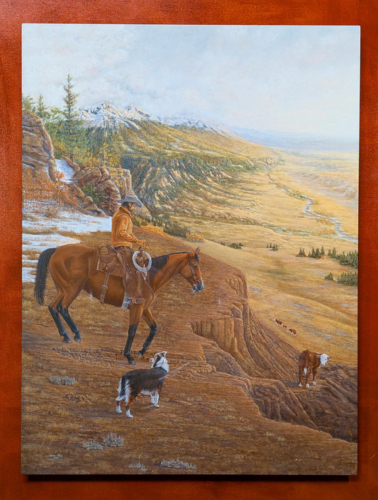 Ted Sorensen Western art metal print showing cowboy on horse with dog and calf in mountainous landscape