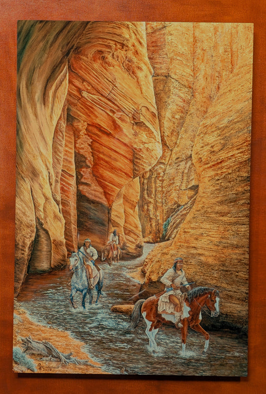 Western art metal print by Ted Sorensen showing cowboys riding horses through a narrow canyon with red rock walls