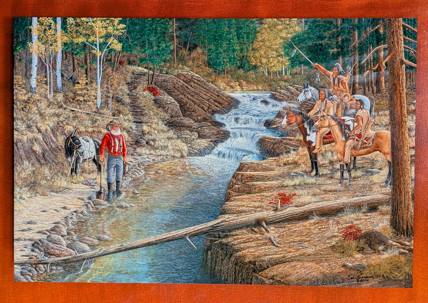 Western art metal print by Ted Sorensen showing Native Americans on horseback and a man walking by a forest creek