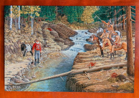 Western art metal print by Ted Sorensen showing Native Americans on horseback and a man walking by a forest creek