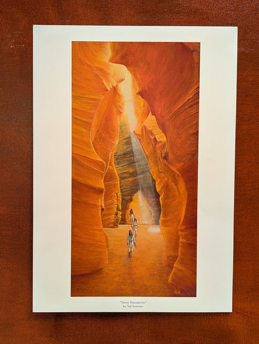 Western art open edition print by Ted Sorensen showing Indian warriors in a sunlit narrow canyon