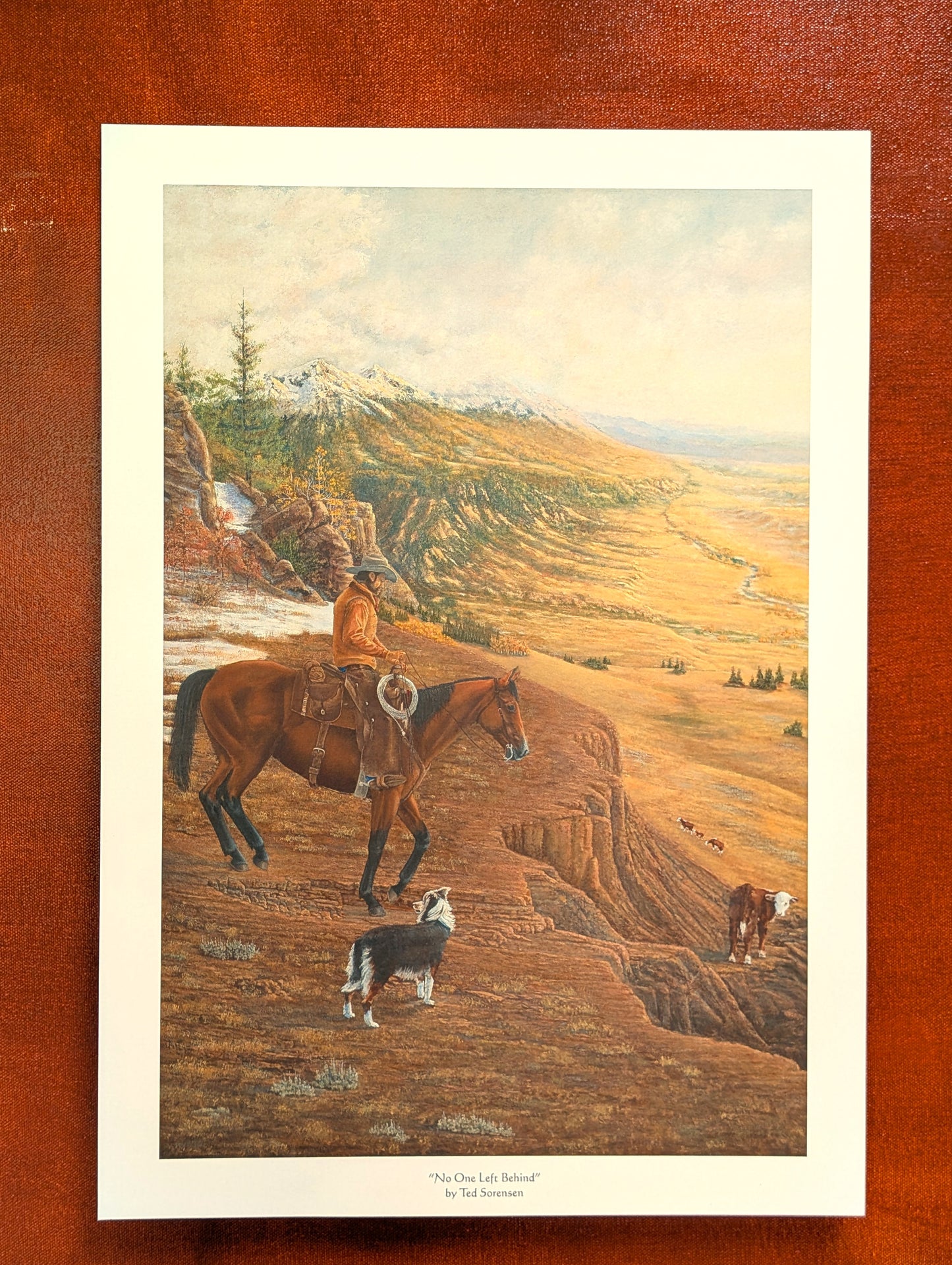 Western art open edition print by Ted Sorensen depicting a cowboy on horseback with dogs overlooking a vast valley