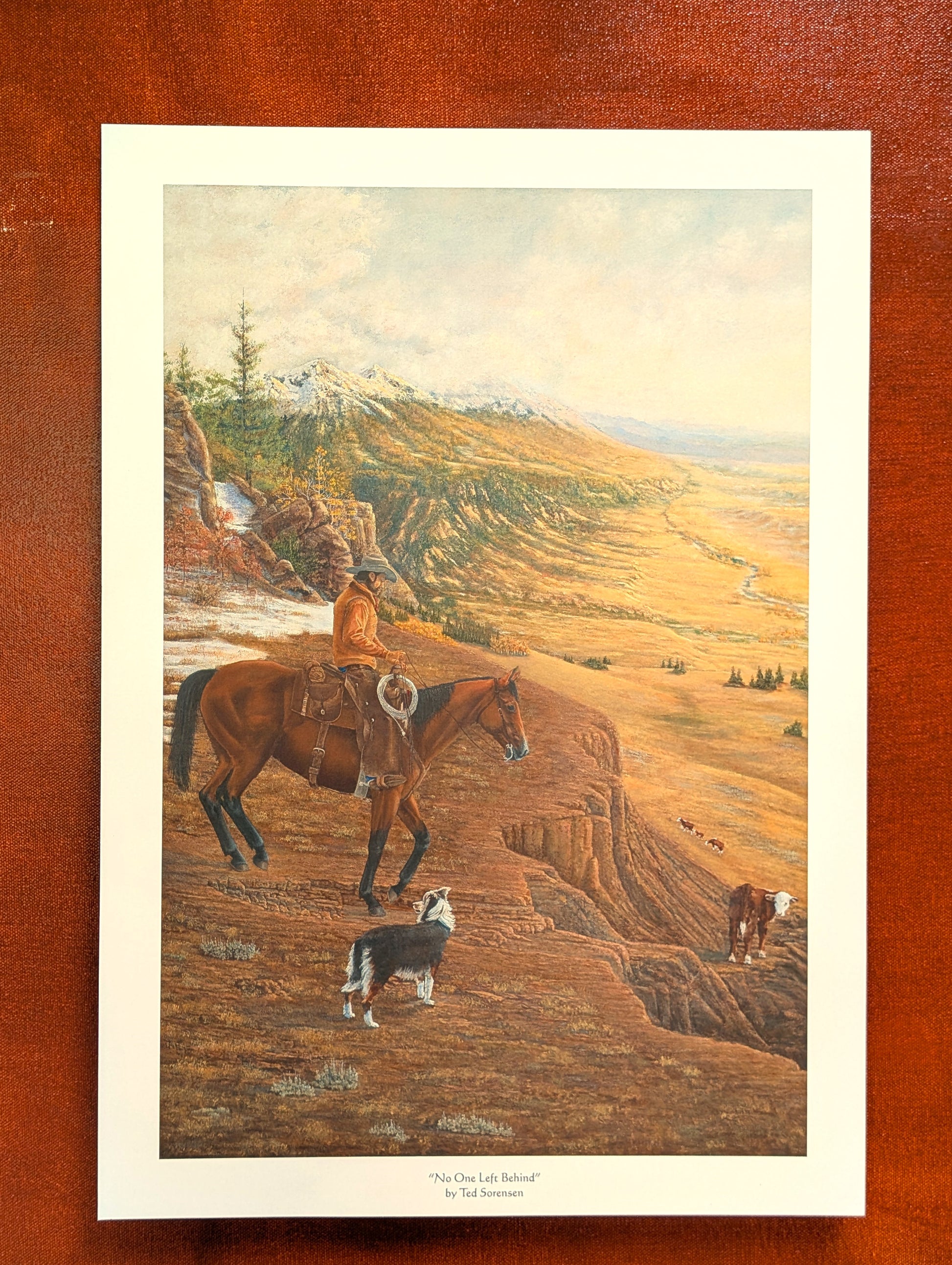 Western art open edition print by Ted Sorensen depicting a cowboy on horseback with dogs overlooking a vast valley