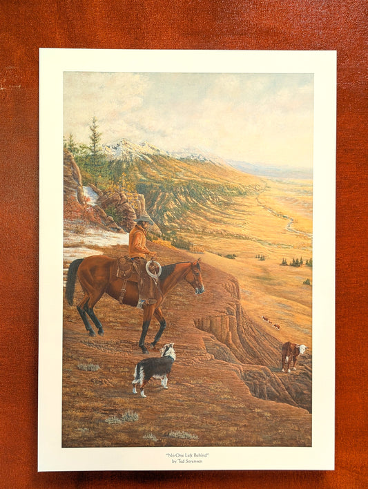 Western art open edition print by Ted Sorensen depicting a cowboy on horseback with dogs overlooking a vast valley